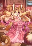 2021 5_fingers anthro blonde_hair breasts canid canine canis clothed clothing digital_media_(artwork) domestic_dog dress eyebrows eyelashes female fingers hair looking_at_viewer mammal pink_eyes smile solo sorafoxyteils