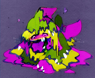 3_fingers after_transformation ambiguous_gender black_sclera blush blush_lines bodily_fluids claws corruption dripping fingers floppy_ears forked_tail fusion goo_transformation half-closed_eyes heart_symbol looking_at_self looking_down multicolored_body narrowed_eyes on_ground paws purple_background simple_background slime solo tail text transformation unusual_anatomy unusual_bodily_fluids unusual_tail white_claws white_eyes winte nintendo pokemon alolan_form alolan_muk eeveelution generation_1_pokemon generation_7_pokemon goo_creature hybrid pokemon_(species) regional_form_(pokemon) vaporeon 2017 colorful_theme hi_res japanese_text