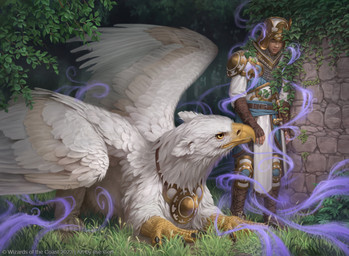 ambiguous_gender armor beak belt brick_wall chainmail clothing duo eyes_closed feathered_wings feathers feet feral gloves grass green_eyes handwear headgear helmet leaf looking_up magic male plant talons text toes wall_(structure) white_body white_clothing white_feathers wings caraid hasbro magic:_the_gathering mythology wizards_of_the_coast avian gryphon human mammal mythological_avian mythological_creature 2023 digital_media_(artwork) english_text official_art