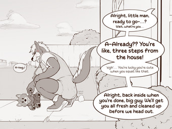 anthro clothed clothing cross-popping_vein crouching dialogue diaper diaper_under_clothing eyes_closed feces grunting hand_on_knee hand_on_leg hand_on_own_knee hand_on_own_leg holding_object holding_plushie imminent_diaper_change male offscreen_character outside overalls pacifier pacifier_clip plushie pooping pushing raised_tail shortalls sigh soiled_diaper soiling soiling_diaper solo speech_bubble stuttering tail talking_to_another text tiptoes unclean_diaper used_diaper wearing_diaper tennettthedl tennet canid canine canis domestic_dog mammal 2025 4:3 english_text hi_res