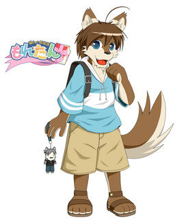 anthro backpack big_eyes biped blue_eyes bottomwear brown_body brown_fur brown_hair clothing footwear fur hair kemono keychain male plantigrade randoseru sandals shirt shoes shorts simple_background solo standing topwear white_background unknown_artist morenatsu kouya_aotsuki shun_kodori canid canine canis domestic_dog husky mammal nordic_sled_dog spitz wolf