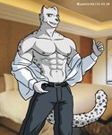 abs anthro big_pecs black_bottomwear black_clothing black_pants blue_eyes bottomwear clothed clothing fur grey_body grey_fur male muscular muscular_anthro muscular_male navel nipples open_clothing open_shirt open_topwear pants pecs shirt solo suit_pants topwear alkan luben_(character) felid leopard mammal pantherine 5:6 hi_res