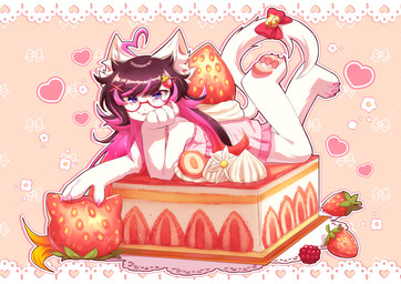 accessory ahoge anthro biped black_hair bow_accessory bow_ribbon cake claws clothed clothing dessert eyebrows eyewear female food fruit fur furgonomics glasses hair hair_accessory heart_symbol highlights_(coloring) inner_ear_fluff kemono long_hair lying on_front pawpads pink_clothing pink_highlights pink_nose plant ribbons solo strawberry tail tail_accessory tail_bow tail_ribbon toe_claws tuft white_body white_fur sunnynoga chibs_(myaoduixa) domestic_cat felid feline felis mammal munchkin_cat 2026