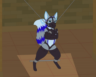 anthro armor bdsm blue_eyes bondage bondage_gear bondage_gloves bound bracers clothing collar cuff_(restraint) cuffs_to_collar dungeon female fur gag grey_body grey_fur handwear helpless legwear looking_at_viewer markings mittens muzzle_(object) muzzled restrained restraints rope sad slave solo spread_legs spreader_bar spreading stockings striped_markings striped_tail stripes tail tail_markings tight_clothing underwear kyuubi61 canid canine fox mammal 5:4 story story_in_description