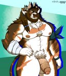 anthro big_pecs body_hair chest_hair genitals horn humanoid_genitalia humanoid_penis male muscular pecs penis pubes scar scars_all_over solo duskshield kydron bovid bovine cattle mammal hi_res