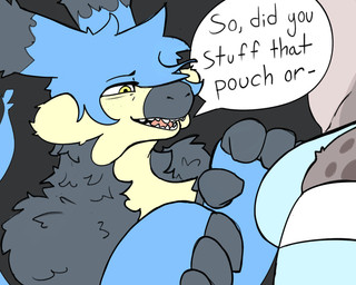 anthro bulge claws clothed clothing dialogue duo fluffy fur grabby_hands legwear male smile thigh_highs thong underwear unassumingbee everett_(unassumingbee) 5:4 absurd_res hi_res