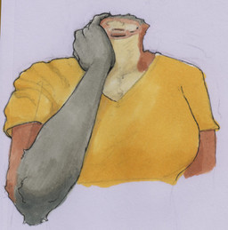 anthro bloodless breasts clothed clothing detachable detachable_head female fur gore headless holding_neck missing_head shirt solo topwear tetramelly canid canine mammal maned_wolf half-length_portrait portrait traditional_media_(artwork)