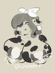 animal_print anthro big_breasts blue_eyes bodily_fluids breast_grab breast_milking breasts cow_print ear_piercing female fondling hand_on_breast hooves huge_breasts lactating milk piercing self_fondle solo unonyx bovid bovine cattle mammal 3:4 absurd_res hi_res