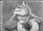 anthro barazoku body_hair chest_hair collar male multicolored_body muscular muscular_anthro muscular_male smile smiling_at_viewer solo two_tone_body pinumontbalou knights_college diederich_olsen canid canine canis mammal wolf absurd_res hi_res monochrome traditional_media_(artwork)