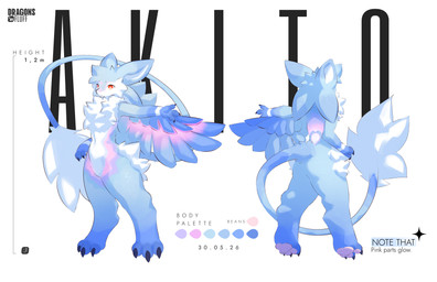 4_ears anthro blue_body blue_claws blue_feathers blue_hair butt chart claws feathers fluffy fluffy_chest fur hair height_chart highlights_(coloring) long_tail male multi_ear nude palette pink_body pink_feathers pink_fur pink_highlights red_eyes solo sparkles tail text dragons_&_fluff akito_(akitoe) avali absurd_res digital_media_(artwork) english_text hi_res model_sheet