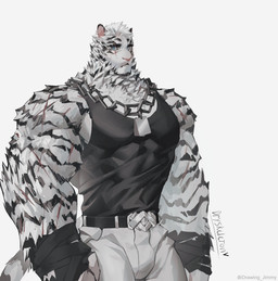 abs anthro barazoku big_muscles clothed clothed_anthro clothed_male clothing eyebrows looking_at_viewer male muscular muscular_anthro muscular_arms muscular_male scar solo stripes tail white_body dry_skeleton arknights hypergryph studio_montagne mountain_(arknights) felid mammal pantherine tiger absurd_res colored hi_res