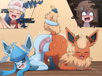 animal_genitalia animal_penis ass_to_ass balls being_watched blonde_hair blue_body blue_eyes blue_hair blue_skin blush blush_lines bodily_fluids brown_hair butt canine_genitalia canine_penis caught_in_the_act clothing duo embarrassed entwined_tails erection fangs female female_penetrated feral feral_on_feral feral_penetrated feral_penetrating feral_penetrating_feral fluffy fluffy_tail fur genital_fluids genitals hair hat headgear headwear heart_symbol internal interspecies knot knotting looking_at_another male male/female male_penetrating male_penetrating_female motion_lines multicolored_body open_mouth orange_body orange_fur penetration penile penis pokemon_speak prehensile_tail reverse_doggystyle sex smile sweat sweatdrop tail tail_coil teeth text two_tone_body vaginal vulva yellow_body yellow_fur japy7u7 nintendo pokemon dawn_(pokemon) leaf_(pokemon) pokemon_trainer canid canine eeveelution flareon generation_1_pokemon generation_4_pokemon glaceon human mammal pokemon_(species) 4:3 absurd_res english_text hi_res