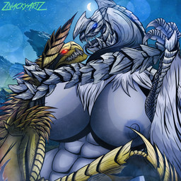 abs anthro areola asphyxiation big_breasts blue_eyes breasts choking cleavage clothed clothing desert duo face_lick female fur hair horn huge_breasts licking male male/female neck_hold night nipples red_eyes scales sharp_teeth spikes teeth tongue white_body white_fur white_hair white_scales wings yellow_body yellow_scales znackyartz capcom european_mythology monster_hunter mythology arkveld dragon flying_wyvern mythological_creature mythological_scalie rey_dau scalie western_dragon wyvern 1:1 hi_res