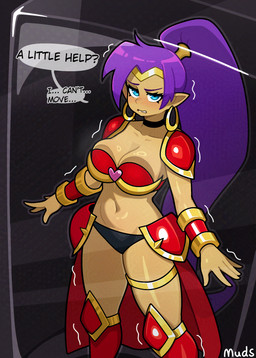 armor black_clothing black_panties black_underwear blue_eyes breasts choker clothing dialogue ear_piercing ear_ring eyebrows eyelashes female hair humanoid_pointy_ears jewelry long_hair looking_at_viewer navel necklace not_furry panties piercing pointy_ears ponytail purple_hair ring_piercing shoulder_guards solo talking_to_viewer text thighlet underwear muds shantae_(series) wayforward shantae genie humanoid 2026 absurd_res artist_name colored digital_drawing_(artwork) digital_media_(artwork) english_text hi_res signature