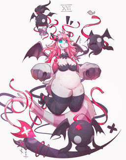 2_horns 3_toes 4_fingers anklet anthro back_wings bandeau bar_emanata belly big_hands black_emanata black_eyes black_horn black_membrane black_wings blue_sclera breasts clothing crown emanata feet female female_anthro feral fingers fur furry_tail hair headgear horn jewelry legwear markings melee_weapon membrane_(anatomy) membranous_wings pattern_clothing pattern_legwear pattern_stockings pattern_thigh_highs pink_hair pink_stripes polearm red_ribbon scythe sharp_teeth slightly_chubby slightly_chubby_anthro slightly_chubby_female snout solo spade_tail spider_web_print stockings striped_clothing striped_legwear striped_markings striped_stockings striped_tail striped_thigh_highs stripes tail tail_markings teeth thigh_highs toes topwear weapon wings x_marking miluinaoxie mythology demon dragon furred_dragon furred_scalie mythological_creature mythological_scalie scalie 2022 hi_res