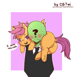 ?_face blush bodily_fluids butt carrying_another carrying_partner clothing dialogue duo featureless_crotch female feral male shoulder_carry suit sweat text wings young young_feral cold-blooded-twilight friendship_is_magic hasbro my_little_pony mythology anon scootaloo_(mlp) equid equine human mammal mythological_creature mythological_equine pegasus 1:1 english_text hi_res url