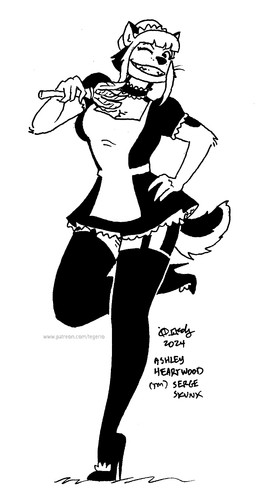 anthro breasts choker cleaning_tool cleavage clothed clothed_anthro clothed_female clothing feather_duster female footwear fur hair high_heels jewelry legwear maid_uniform necklace one_eye_closed shoes solo tail text thigh_highs uniform whiskers wink tegerio ashley_heartwood canid canine canis mammal wolf 2024 black_and_white english_text hi_res monochrome