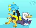 anthro beak clothed clothing duo eye_contact gloves_(marking) looking_at_another lying male markings on_front simple_background sitting sitting_on_back nutty_bo taylor_vee anatid anseriform avian bird duck