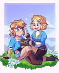 blonde_hair blue_eyes boots breath_of_the_wild clothing cloud day duo elf female fingerless_gloves flower footwear gloves grass green_eyes hair handwear hi_res humanoid humanoid_pointy_ears hylian light_body light_skin link lou_lubally male nintendo not_furry open_mouth open_smile plant princess_zelda sheikah_slate shoes sitting smile sparkles tablet_computer the_legend_of_zelda