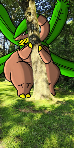 anthro banana behind_tree biped breasts brown_body butt day female food fruit grass green_body huge_thighs leaf multicolored_body nude nude_anthro nude_female outside plant solo thick_thighs tree hyenakenisis nintendo pokemon generation_3_pokemon pokemon_(species) tropius digital_drawing_(artwork) digital_media_(artwork) hi_res mixed_media photography_(artwork)