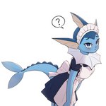 :< anthro anthrofied arm_tuft blue_body blue_eyes blue_fur blush blush_lines breasts clothing elbow_tuft eyelashes female female_anthro fin frown fur kemono leaning leaning_forward looking_at_viewer maid_headdress maid_uniform narrowed_eyes pokemorph question_mark simple_background solo speech_bubble standing tail tail_fin tail_ridge tuft uniform white_background park_horang nintendo pokemon eeveelution generation_1_pokemon pokemon_(species) vaporeon 1:1 2022 hi_res