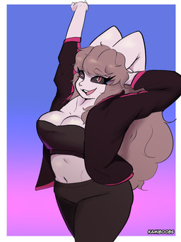 big_breasts black_clothing black_sclera breasts brown_hair clothing hair pose red_eyes simple_background kamino1 nintendo pokemon generation_4_pokemon lopunny pokemon_(species) 3:4 absurd_res hi_res