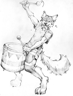 3_toes anthro barefoot bottomwear cheek_tuft claws clothed clothing digitigrade drum drumming_stick eyes_closed facial_tuft fangs feet fluffy fluffy_tail happy male musical_instrument open_mouth open_smile pants paws percussion_instrument percussion_mallet playing_music shirt shorts simple_background smile solo standing t-shirt tail teeth toes tongue tongue_out topwear tuft unsigned akatan_art canid canine canis mammal wolf full-length_portrait greyscale monochrome portrait traditional_media_(artwork)
