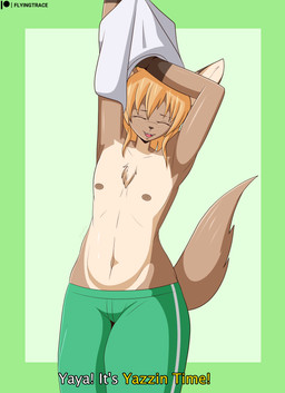anthro belly blonde_hair bottomwear breasts caption chest_tuft clothed clothing eyes_closed female flat_chested fur hair happy multicolored_body multicolored_fur navel nipple_dip nipples open_mouth pants simple_background slim smile solo tail tan_body tan_fur text topless topless_anthro tuft undressing flyingtrace yazz_(flyingtrace) canid canine fennec_fox fox mammal true_fox 2023 cel_shading digital_media_(artwork) english_text hi_res shaded signature url