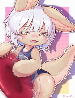 ambiguous_gender anthro blush clothed clothing hair inflatable kemono one-piece_swimsuit pool_float school_swimsuit short_hair solo swimwear young young_anthro yawaoru made_in_abyss nanachi narehate hi_res