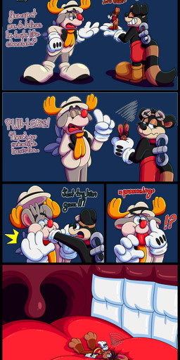 3_toes 4_fingers anthro antlers big_feet big_tongue big_uvula bottomwear cartoon_gloves cheek_bulge clothing dazed eyewear eyewear_on_head feet fingers footwear goggles goggles_on_head group hat headgear headwear horn in_mouth inside_mouth jacket male male/male mawplay open_mouth paws red_tongue scarf shoes shorts soles tail text thick_tongue toes tongue toony topwear trio uvula vore wearing_gloves whiskers wide_tongue winding_key marquis2007 acecraft ekko_(acecraft) roderick_(tamerkoh) sylas_(acecraft) deer lagomorph leporid mammal new_world_deer procyonid rabbit raccoon reindeer absurd_res alpha_channel comic english_text hi_res
