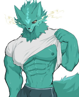 abs anthro biceps big_muscles big_pecs black_sclera blue_body blue_fire blue_fur blue_tail bulge clothing clothing_pull colored_fire fire fur looking_at_viewer male male_anthro muscular muscular_anthro muscular_arms muscular_male nipples one_eye_closed pecs shirt t-shirt tail topwear underwear wink winking_at_viewer yellow_eyes oyogitsune mr_tail_(honkai:_star_rail) canid canine fox ghost mammal spirit hi_res