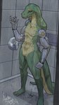 3_toes anthro black_sclera chin_piercing cybernetic_arm cybernetic_limb cybernetics eyebrow_piercing facial_piercing feet fist green_body green_eyes green_scales inside lean_muscle long_neck machine male nude piercing pupils scales shower slit_pupils solo tail tile tile_wall toes wall_(structure) water wet acethebigbadwolf snake_dobi cobra reptile scalie snake 4k 9:16 absurd_res colored full-length_portrait hi_res portrait