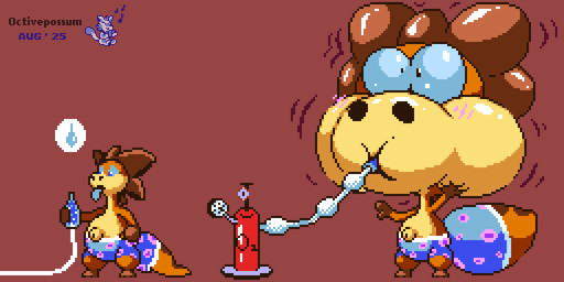 air_inflation anthro before_and_after blue_bottomwear blue_clothing blue_sclera blue_tongue blush bottle bottomwear clothed clothing container countershading head_inflation holding_bottle holding_container holding_object holding_water_bottle hose hose_in_mouth hose_inflation inflation male maroon_background navel outie_navel oxygen_tank pattern_bottomwear pattern_clothing solo spots spotted_bottomwear spotted_clothing tail_inflation text tongue topless water_bottle water_drop octivepossum lizard reptile scalie 2025 2:1 artist_name dated digital_media_(artwork) pixel_(artwork)