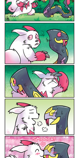ambiguous_gender blade blush breath claws clothed clothing cuddling eyes_closed fangs feral fingerless_gloves forest fur gloves group handwear heart_symbol hiding kissing looking_around outside plant predator/prey red_body red_fur scales speech_bubble tail tail_blade teeth text thought_bubble tree trio weapon_tail white_body white_fur the-chu nintendo pokemon generation_3_pokemon human mammal pokemon_(species) reptile scalie seviper snake zangoose 2014 absurd_res comic english_text hi_res long_image tall_image