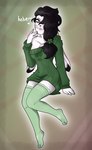 accessory anthro black_hair black_nose breasts cheek_markings clothing clover_(plant) clover_leaf dialogue ear_markings facial_markings female floppy_ears four_leaf_clover fur green_clothing green_legwear green_stockings green_sweater green_topwear hair hair_accessory hair_over_eye head_markings heart_symbol holidays leaf legwear long_ears markings one_eye_obstructed outline plant red_eyes solo stockings sweater swirl_pattern text topwear white_body white_fur aneesaica st._patrick's_day valdroxx_studios jade_bunny lagomorph leporid mammal rabbit