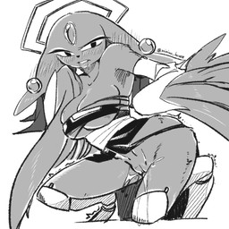 anthro big_breasts big_ears black_clothing black_eyes black_nose black_topwear blush blush_lines bottomless breasts cleavage clothed clothing ear_piercing eyelashes female floppy_ears forehead_gem front_view gem genitals halo looking_at_viewer lop_ears piercing prosthetic prosthetic_leg prosthetic_limb simple_background solo thick_thighs topwear under_boob vulva white_background wide_hips winged_arms wings miniwu_house nine_sols red_candle_games goumang_(nine_sols) felid feline mammal solarian 1:1 monochrome