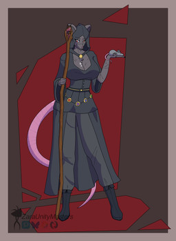 anthro belt big_breasts black_boots black_clothing black_footwear blind_eye boots bottomwear breasts cleavage cloak clothed clothing female feral footwear fur gem grey_body grey_fur holding_animal holding_object holding_staff huge_breasts jewelry looking_at_another looking_down pants pink_tail rat_tail red_background red_eyes robe scar shoes simple_background solo staff tail zaraunitymasters rat_queen_(zaraunitymasters) mammal murid murine rat rodent hi_res
