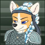 accessory anthro armor blue_highlights braided_hair braided_ponytail cleric female fur hair headband highlights_(coloring) jewelry necklace ponytail ponytail_over_shoulder scalemail shoulder_pads smug solo star tomboy white_hair yellow_body yellow_fur dingoed teysa_(golddrake) canid canine canis domestic_dog herding_dog mammal pastoral_dog welsh_corgi 1:1 absurd_res bust_portrait hi_res portrait