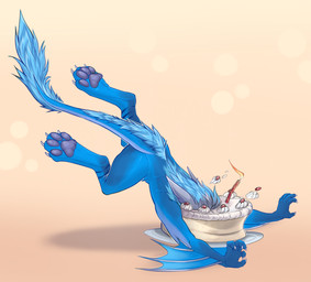 anthro blue_body cake candle candlelight dessert face_in_cake falling food fur light male nude raised_leg simple_background solo myavno ark_survival_(series) iris_(irisiriska) managarmr digital_media_(artwork) hi_res