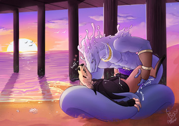 2_penises anal anal_penetration anthro apode beach black_penis blue_body bodily_fluids breath brown_body brown_fur cloud cum cum_while_penetrated duo frottage fur gem genital_fluids genitals heart_symbol horn jewelry legless looking_pleasured male male/male multi_genitalia multi_penis necklace onomatopoeia outside panting pearl_(gem) pearl_necklace penetration penile penile_penetration penis penis_in_ass penises_touching pier purple_penis sand sea seashell serpentine sex shell sound_effects sunset text water conop-8888 conop ambient_bird bovid caprine caprine_demon demon draconcopode elemental_creature goat_demon mammal naga 2020