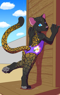 4_fingers 4_toes against_surface against_wall anthro backless_clothing backless_swimsuit bathing black_body black_fur blue_eyes clothing day detailed_background feet female fingers fur gradient_markings looking_at_viewer markings o-ring o-ring_swimsuit o-ring_swimwear one-piece_swimsuit outside pawpads shower showering solo spots spotted_markings standing swimwear toes water wet yellow_markings young young_anthro sogaroth felid mammal pantherine 2023 absurd_res hi_res