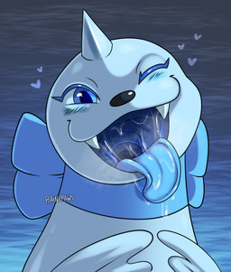 blue_background blue_blush blue_body blue_bow blue_eyes blue_insides blue_tongue blush bodily_fluids drooling female feral fin gradient_background heart_symbol hearts_around_head horn looking_at_viewer mouth_shot one_eye_closed open_mouth open_smile oral_invitation saliva saliva_string simple_background smile solo teeth text tongue tongue_out uvula wink winking_at_viewer rainypaws nintendo pokemon endivie_(rainypaws) dewgong generation_1_pokemon pokemon_(species) artist_name hi_res