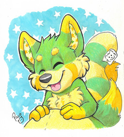 anthro belly big_belly black_nose cheek_tuft chest_tuft dipstick_ears ear_markings eyes_closed facial_tuft front_view fur green_body green_fur head_tuft logo male male_anthro markings multicolored_ears nude open_mouth open_smile pattern_background pink_tongue simple_background smile solo striped_markings striped_tail stripes tail tail_markings tongue tuft yellow_body yellow_fur young young_anthro young_male pandapaco ailurid canid canine hybrid mammal red_panda artist_logo half-length_portrait portrait signature
