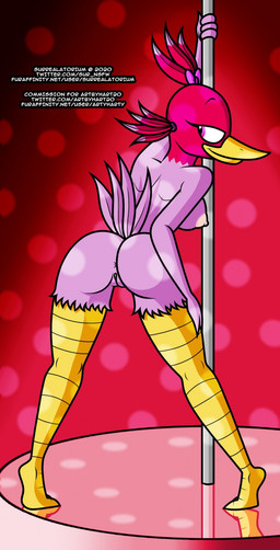 anthro anus beak bedroom_eyes breasts butt dancing feathers female genitals leaning leaning_forward looking_back narrowed_eyes non-mammal_breasts nude pole pole_dancing purple_body purple_feathers rear_view seductive solo stripper stripper_pole vulva surrealatorium natasha_(artyharty) avian bird picid piciform woodpecker 2020 full-length_portrait hi_res portrait