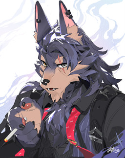 anthro athletic athletic_anthro athletic_male black_body black_ears black_fur black_hair black_nose body_hair brown_body brown_eyebrows brown_fur cigarette cigarette_holder clothed clothed_anthro clothed_male clothing ear_piercing ear_ring eye_scar eyebrows facial_scar fur grey_eyes hair long_hair looking_at_viewer male male_anthro multicolored_body multicolored_fur open_mouth piercing ring_piercing scar solo two_tone_body two_tone_fur lokey hotta_studio neverness_to_everness perfect_world_games skia_(neverness_to_everness) canid canine mammal hi_res