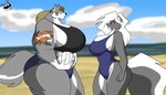 anthro ball beach big_breasts breasts clothing cloud female huge_breasts seaside sky solo swimwear volleyball_(ball) chrisandcompany kelsey_sienna sophia_(xxsparcoxx) canid canine canis mammal mephitid skunk wolf 7:4 absurd_res hi_res