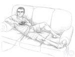 2011 claws clothed clothing controller eyewear furniture game_controller gender_transformation glasses graphite_(artwork) greyscale holding_controller holding_object human krischeetah male mammal monochrome pencil_(artwork) sabretoothed_ermine sofa solo spots toe_claws traditional_media_(artwork) transformation