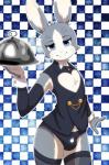 anthro blue_eyes bulge clothed clothing kemono leggings legwear looking_at_viewer male plate skimpy smile solo standing waiter nako lagomorph leporid mammal rabbit hi_res