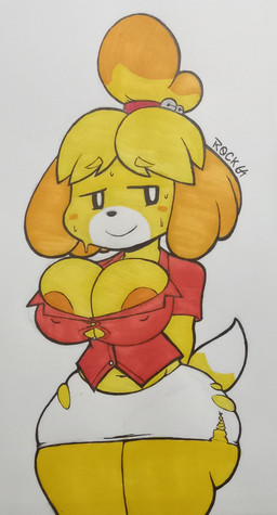 accessory areola areola_slip big_breasts black_eyes blush blush_stickers bodily_fluids bottomwear breasts clothing collared_shirt dress_shirt female fur hair_accessory hair_tie nipple_outline red_clothing red_shirt red_topwear shirt shirt_too_small skirt solo sweat topwear torn_clothing white_bottomwear white_clothing white_skirt wide_hips yellow_body yellow_fur rockstar66 animal_crossing nintendo isabelle_(animal_crossing) canid canine canis domestic_dog mammal hi_res