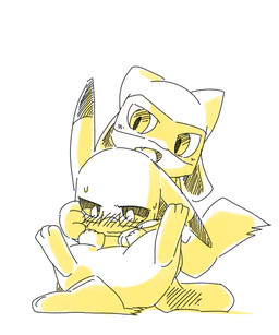 3_fingers 3_toes 5_fingers ambiguous_gender blush bodily_fluids eyewear fangs featureless_crotch feet feral fingers glasses kneeling looking_aside looking_down open_mouth pupils rectangular_glasses simple_background solo sweat sweatdrop teeth toes tongue white_background white_pupils yellow_eyes chaba nintendo pokemon generation_1_pokemon generation_4_pokemon pikachu pokemon_(species) riolu 5:6 hi_res